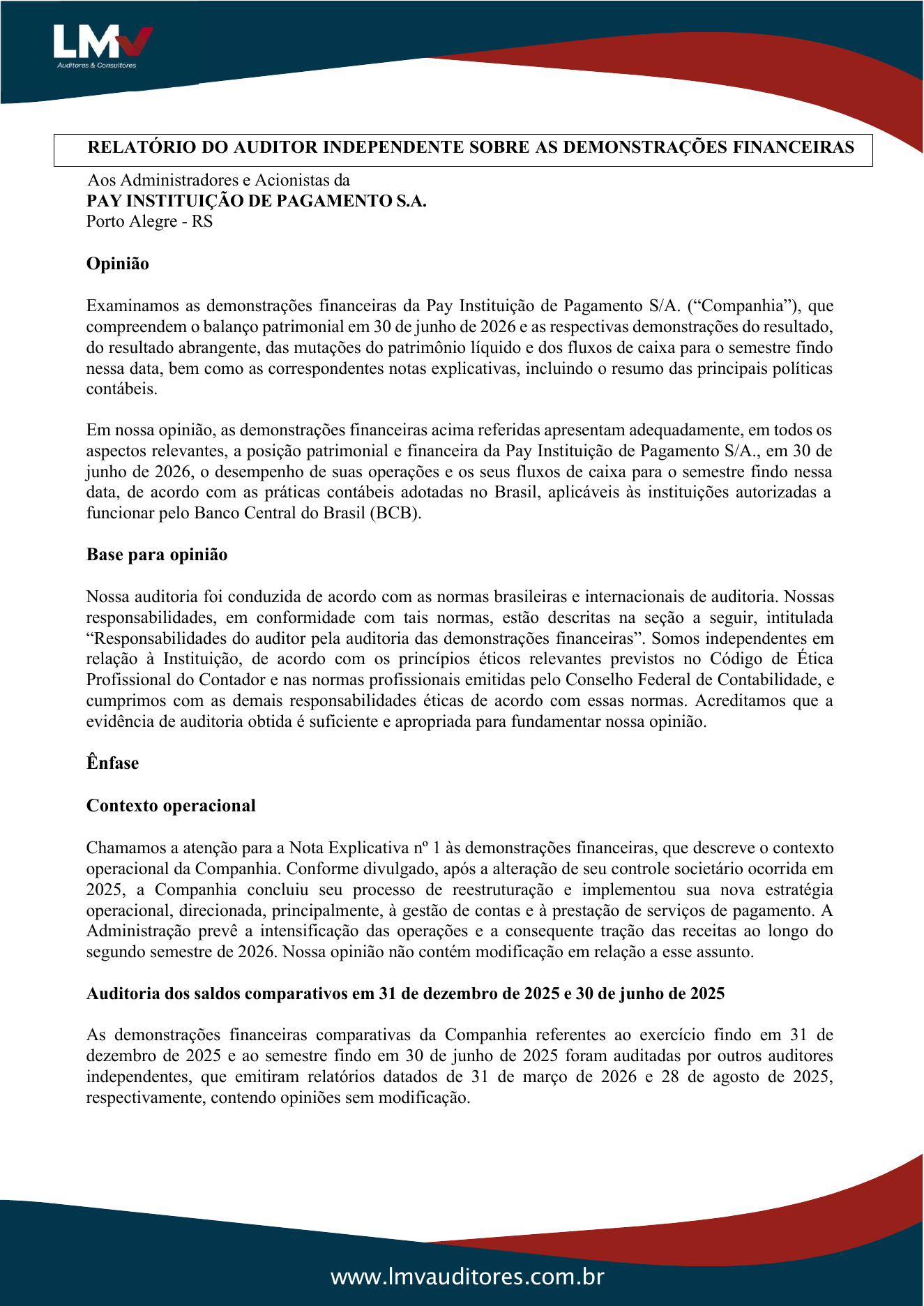 Relatório do auditor independente, página 1.