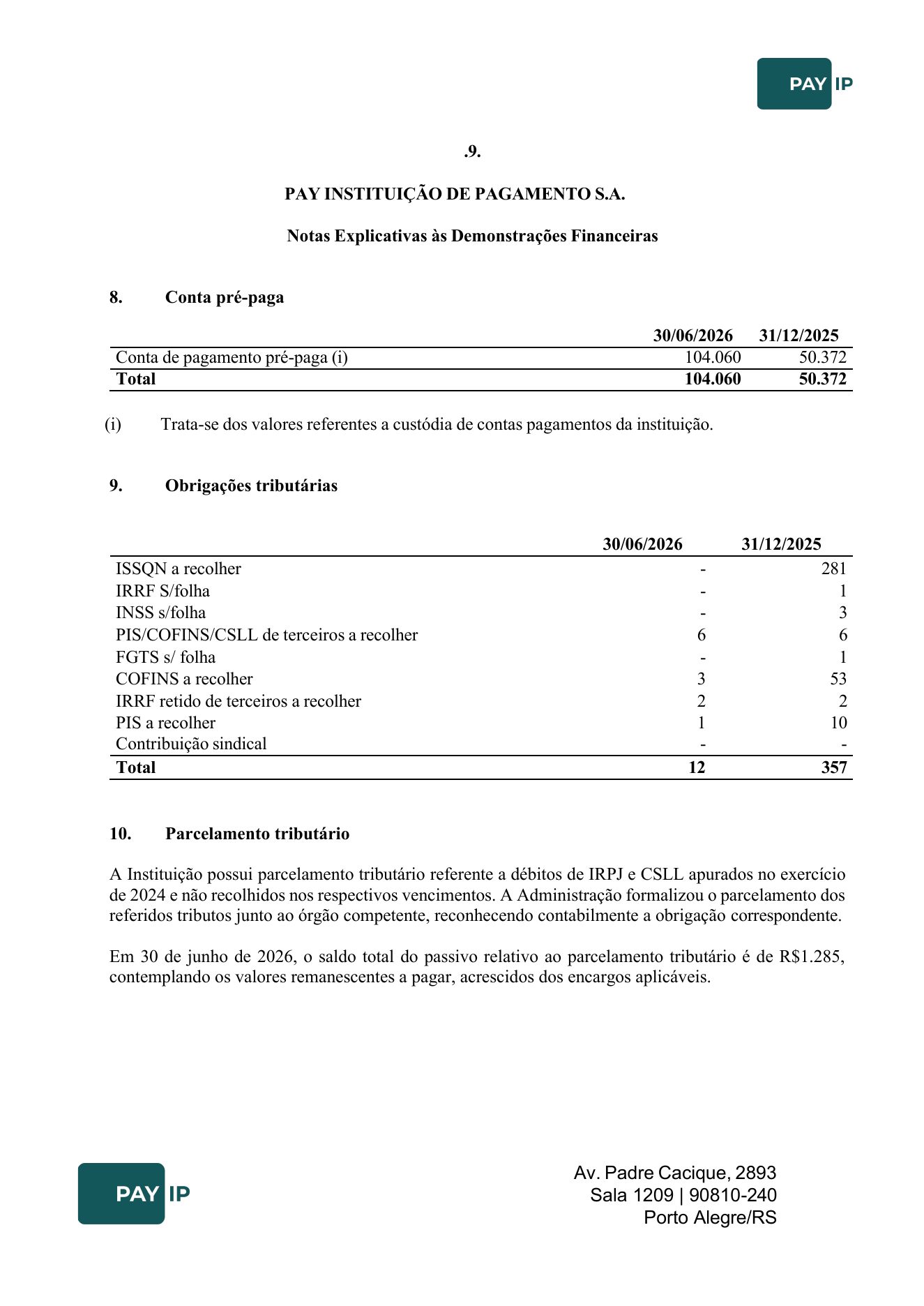 Notas explicativas, notas 8 a 10.