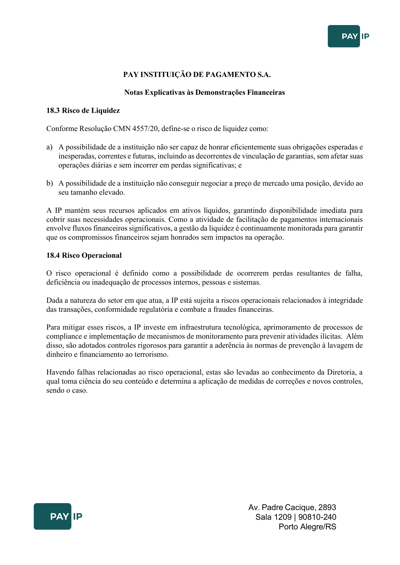 Notas explicativas, riscos de liquidez e operacional.
