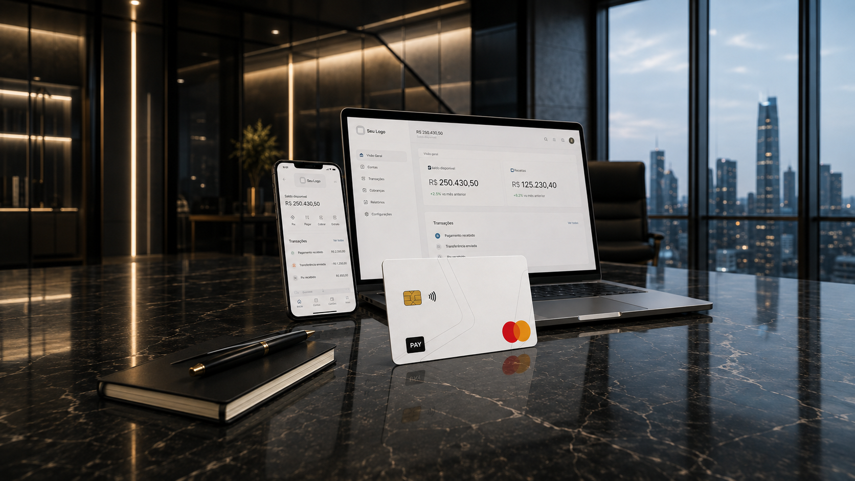 Notebook e celular com uma conta digital personalizada, ao lado de um cartão Pay sobre uma mesa em um escritório.